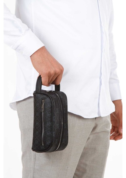 Erkek Deri Portföy Clutch Traş Kozmetik Bakım ve Günlük El Çantası Siyah - Lacivert - NEWPOLO355