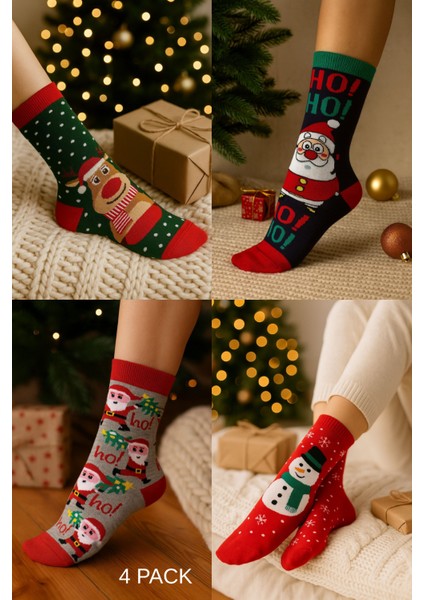 4'lü Paket Unisex Yılbaşı Çorap Renkli Soket Çorap Yeniyıl