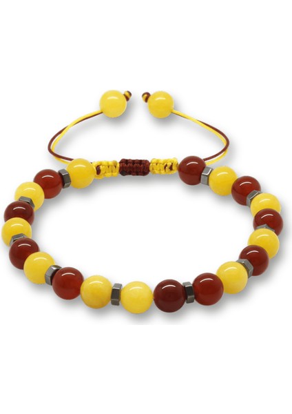 Makrome Örgülü Küre Kesim Sarı Kırmızı Jade Akik Hematit Doğaltaş Erkek Taraftar Bileklik