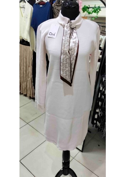 Kadın Krem Fular Detaylı Akrilik Triko Elbise modelleri