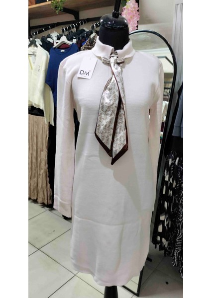 Kadın Krem Fular Detaylı Akrilik Triko Elbise indirimleri