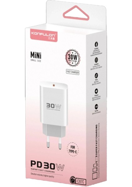 Lvsqvr Konfulon C87C 30W Type-C Çıkışlı Ekstra DL51 1m Type-C To Type-C Kablolu Pd Şarj Cihazı - Beyaz fırsatları