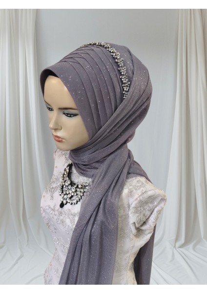 Simli Koyu Gri Aksesuarlı Hazır Şal Abiye Şal Hazır Türban