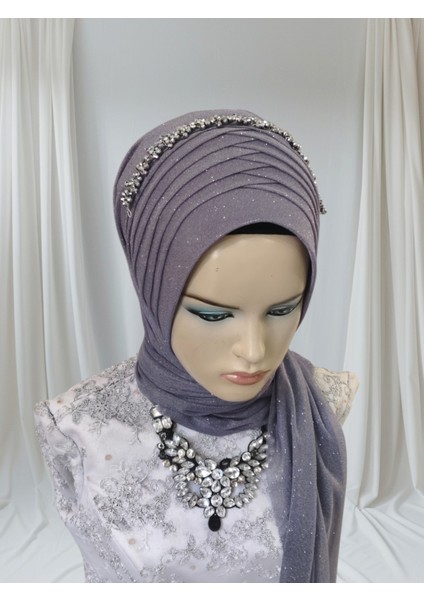 Simli Koyu Gri Aksesuarlı Hazır Şal Abiye Şal Hazır Türban modelleri