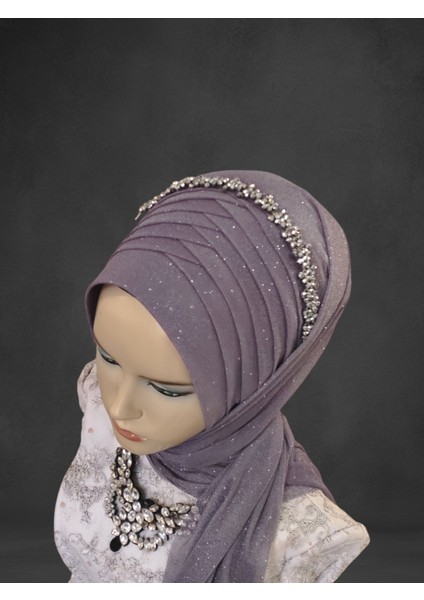 Simli Koyu Gri Aksesuarlı Hazır Şal Abiye Şal Hazır Türban indirimleri