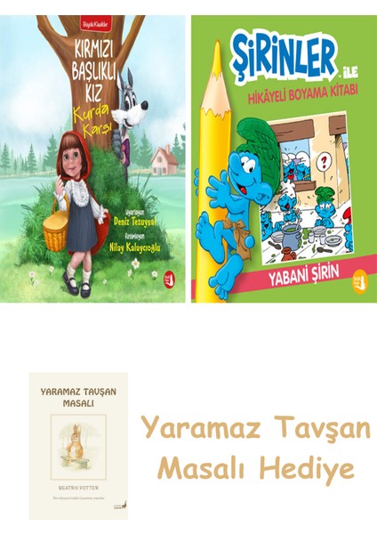 Kırmızı Başlıklı Kız Kurda Karşı + Şirinler ile Hikâyeli Boyama Kitabı - Yabani Şirin + Yaramaz Tavşan Masalı