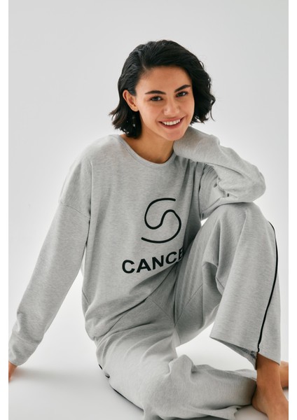 Kadın Gri Yengeç Burcu Oversize 2 Iplik Eşofman Ev Giyim Takımı