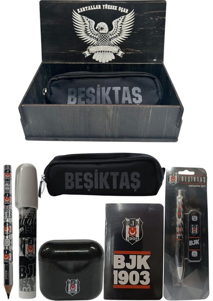 Beşiktaş Orjinal Lisanslı Siyah Air Kalemtraş Ahşap Kutulu 6'lı Kırtasiye Seti