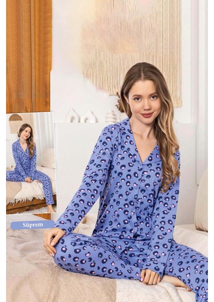 Kadın Leopar Desen Düğmeli Suprem Pijama Takımı 0319 Leo Mor