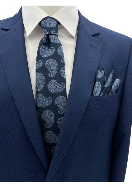 7 cm Lacivert Mavi Şal Desen Kravat Mendil Set