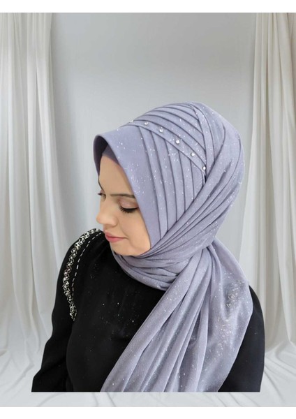 Simli Koyu Gri Taşlı Model Hazır Duvak Hazır Şal Hazır Türban