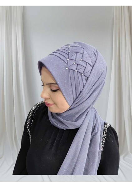 Simli Koyu Gri Taşlı Hazır Türban Hazır Şal Hazır Duvak