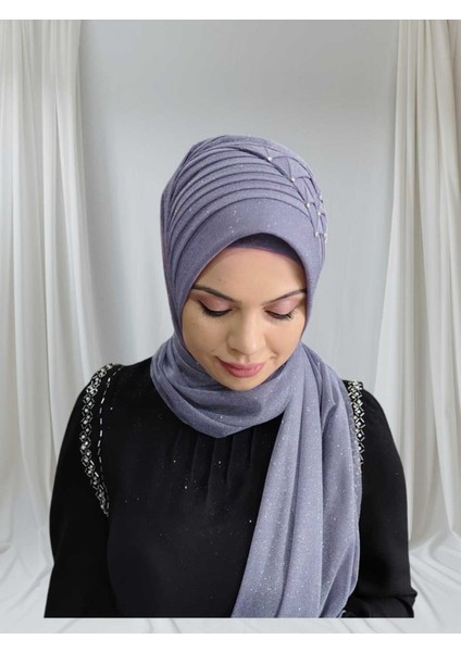 Simli Koyu Gri Taşlı Hazır Türban Hazır Şal Hazır Duvak modelleri