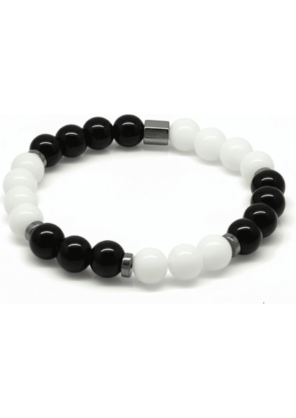 Küre Kesim Siyah Beyaz Jade Oniks Hematit Doğaltaş Erkek Taraftar Bileklik