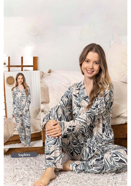 Kadın Yaprak Desen Düğmeli Saphire Pijama Takımı 0377 Gri modelleri