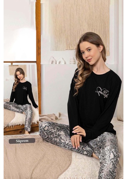 Kadın Yılan Desen Suprem Pijama Takımı 0330 Siyah