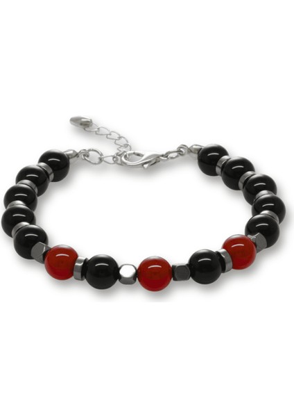 Gümüş Renk Metal Zincir Küre Kesim Kırmızı Siyah Akik Oniks Hematit Doğaltaş Erkek Taraftar Bileklik