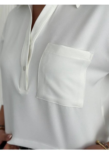 Z Krep Kadın Crop Yakalı Gömlek Ilik Düğmeli Üç Çeyrek Sleeve Kol - Beyaz
