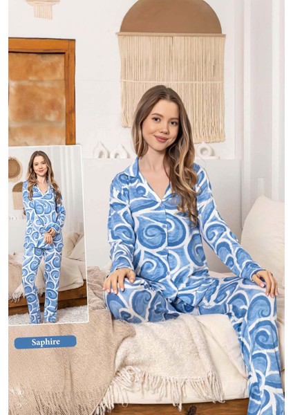 Kadın Rüzgar Desen Düğmeli Saphire Pijama Takımı 0375 Mavi fırsatları
