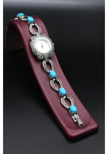 925 Ayar Gümüş Kadın Saati (Kadın Gümüş Saat) Markazit ve Turkuaz Firuze Taşlı 902377