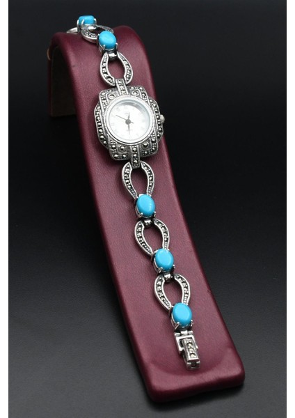 925 Ayar Gümüş Kadın Saati (Kadın Gümüş Saat) Markazit ve Turkuaz Firuze Taşlı 902377 fiyatları