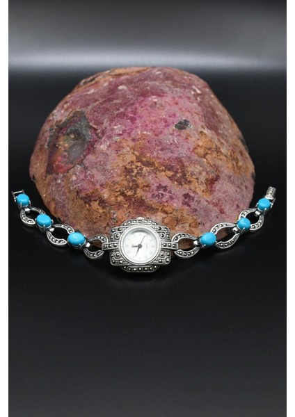 925 Ayar Gümüş Kadın Saati (Kadın Gümüş Saat) Markazit ve Turkuaz Firuze Taşlı 902377 fırsatları