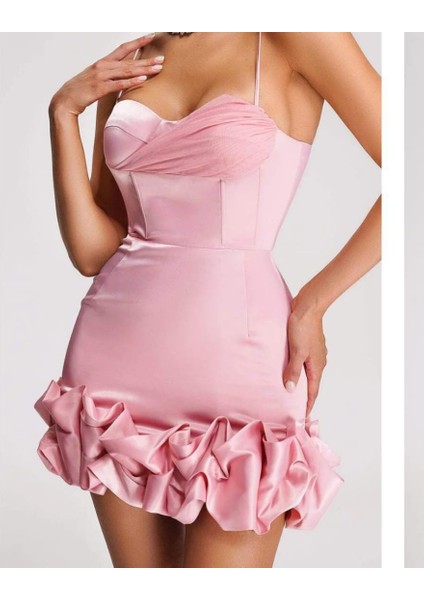 Tiza Şeftali Rengi Fırfırlı Korse Mini Elbise ,pudra Saten Mini Elbise ,