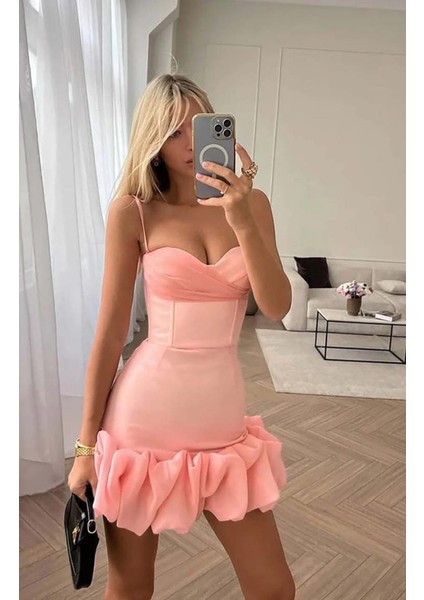 Tiza Şeftali Rengi Fırfırlı Korse Mini Elbise ,pudra Saten Mini Elbise , fiyatları