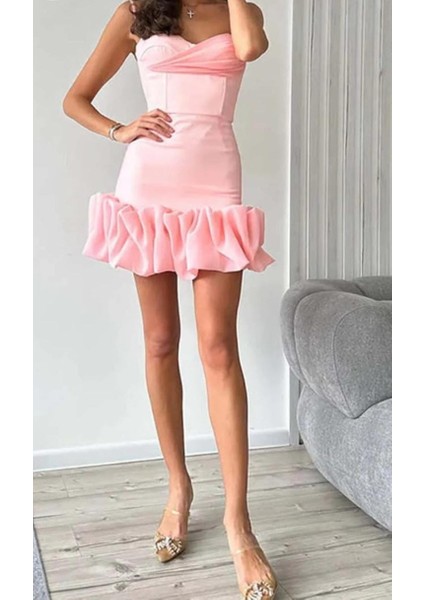 Tiza Şeftali Rengi Fırfırlı Korse Mini Elbise ,pudra Saten Mini Elbise , modelleri