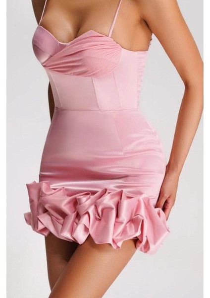 Tiza Şeftali Rengi Fırfırlı Korse Mini Elbise ,pudra Saten Mini Elbise , fırsatları