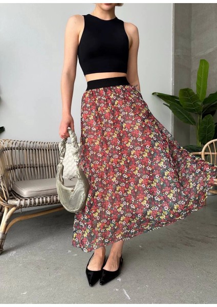 Lvsqvr Baskılı Astarlı Uzun Etek Kırmızı (Beden: M) fırsatları