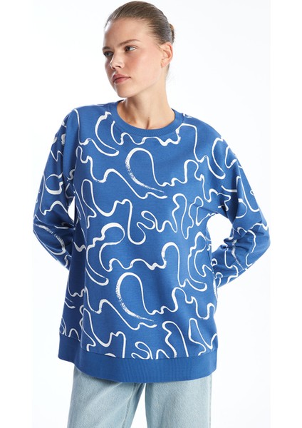 Yeni Sezon Bisiklet Yaka Desenli Kadın Sweatshirt