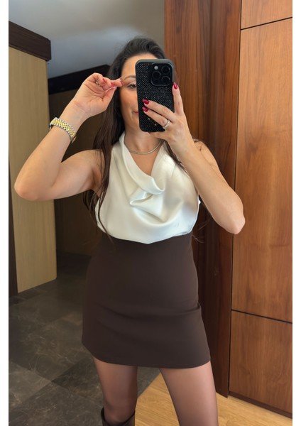 Degaje Yaka Premium Saten Bluz- Beyaz