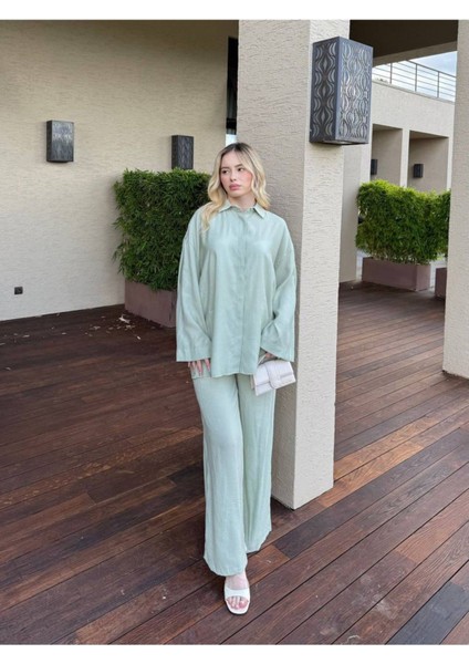 Kadın Taş Baskı Gömlek ve Pantolon Takım M41411 - Küf Yeşili