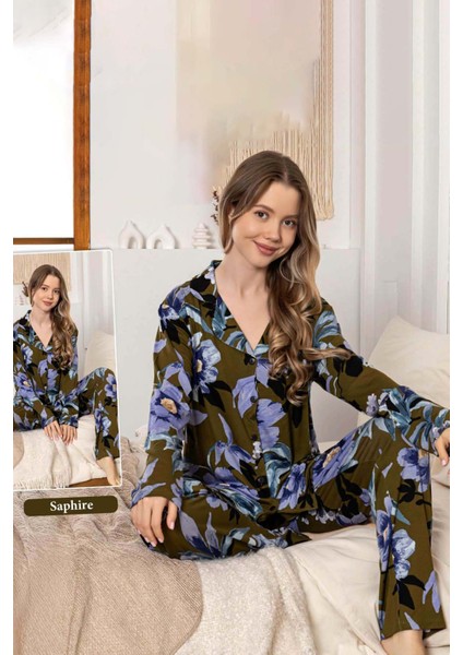 Kadın Büyük Çiçek Desen Düğmeli Saphire Pijama Takımı 0387 Haki modelleri