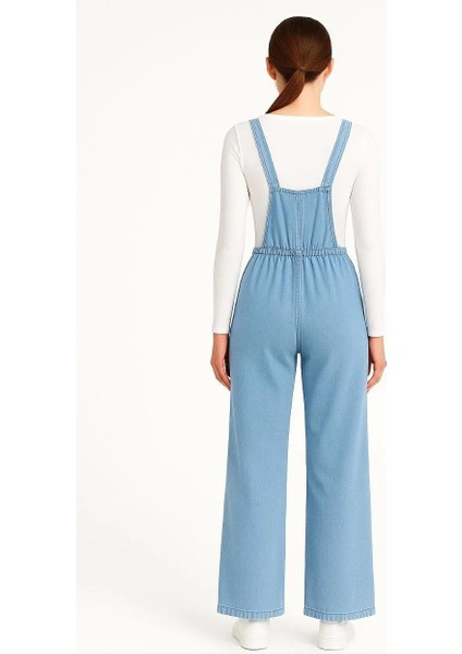 Kadın Chambray Açık Mavi Denim Görünümlü Geniş Paça Salopet Tulum - Mavi fiyatları