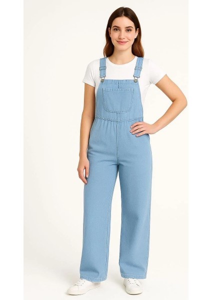 Kadın Chambray Açık Mavi Denim Görünümlü Geniş Paça Salopet Tulum - Mavi modelleri