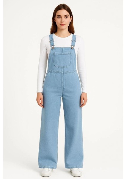 Kadın Chambray Açık Mavi Denim Görünümlü Geniş Paça Salopet Tulum - Mavi fırsatları