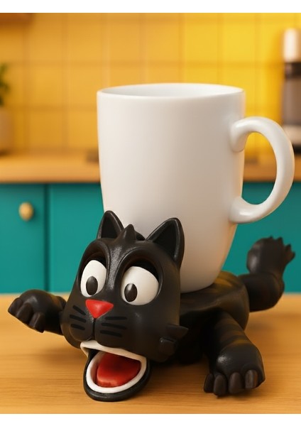 Şaşkın Kedi Sürpriz Bardak Altlığı | Kupa Konunca Hareket Eden 3D Baskı Hayvan Coaster | Masaüstü Eğlencesi | Turuncu Renk