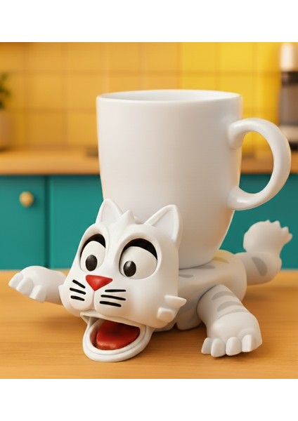 Şaşkın Kedi Sürpriz Bardak Altlığı | Kupa Konunca Hareket Eden 3D Baskı Hayvan Coaster | Masaüstü Eğlencesi | Turuncu Renk