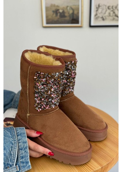 Kadın Lüx Süet Taşlı Içi Kürklü Kışlık Kalın Taban Konforlu Bot