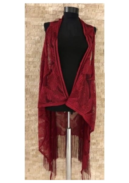 Pareo Dantel Yelek Mayo Bikini Üzeri Yaprak Desenli Püsküllü Plaj Elbisesi - Bordo fiyatları