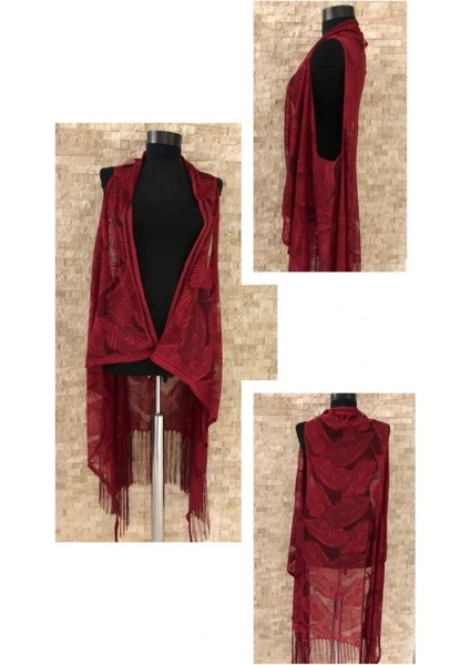 Pareo Dantel Yelek Mayo Bikini Üzeri Yaprak Desenli Püsküllü Plaj Elbisesi - Bordo fırsatları