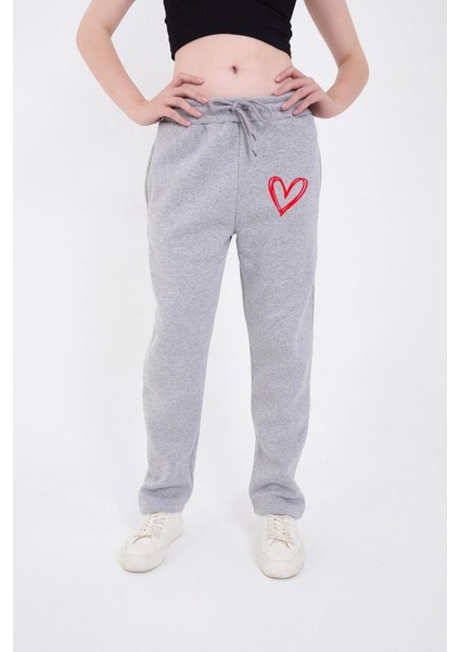 Oversize Boru Paça Baskılı Eşofman Pantolon - Gri