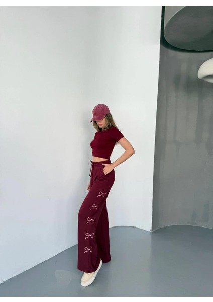 Osy Modal Yumuşak Dokulu Kumaş Nakış Işlemeli Rahat Bol Paça Eşofman Pantalon - Bordo
