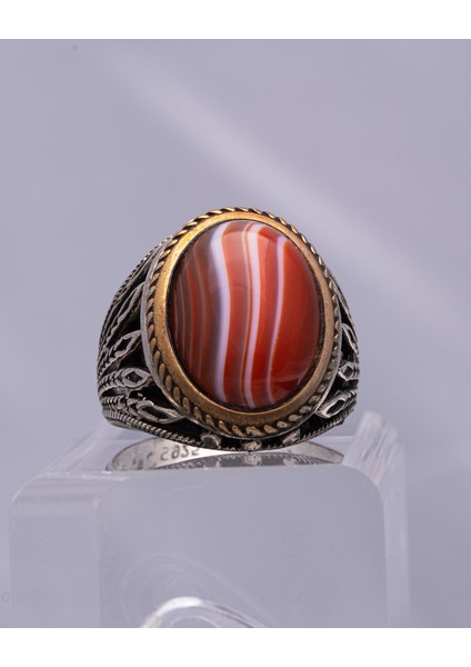 Çizgili Kırmızı Akik Taşlı 925 Ayar Gümüş Erkek Yüzük – Geleneksel Zarafetin Modern Görünümü fiyatları