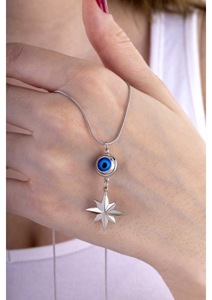 Göz Motifli Kutup Yıldızı Çelik Kadın Kolye