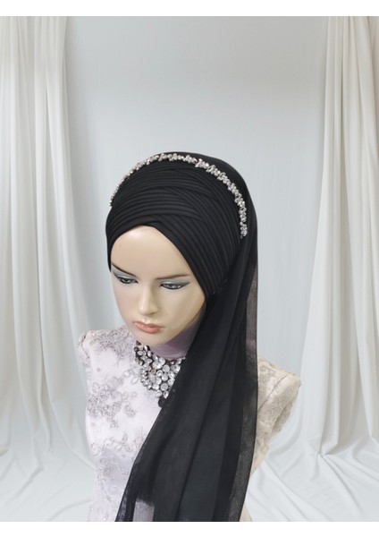 Siyah Duvaklı Aksesuarlı Hazır Türban Hazır Şal Abiye Şal