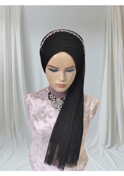 Siyah Duvaklı Aksesuarlı Hazır Türban Hazır Şal Abiye Şal modelleri