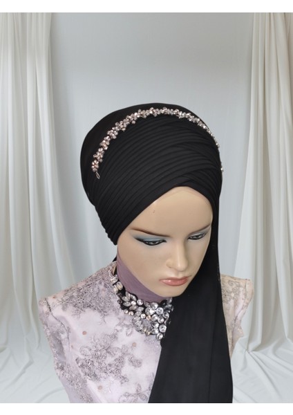 Siyah Duvaklı Aksesuarlı Hazır Türban Hazır Şal Abiye Şal fırsatları